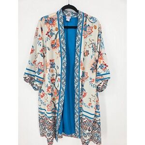 Chico's Floral Open Front Kimono Jacket Cover Up Cream Blue Orange Size‎ 3 XL